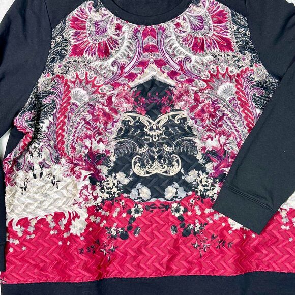 Susan Graver Weekend Black/Pink/White Printed Crewneck Knit Lg Sleeve Top Sz XL - Picture 2 of 7